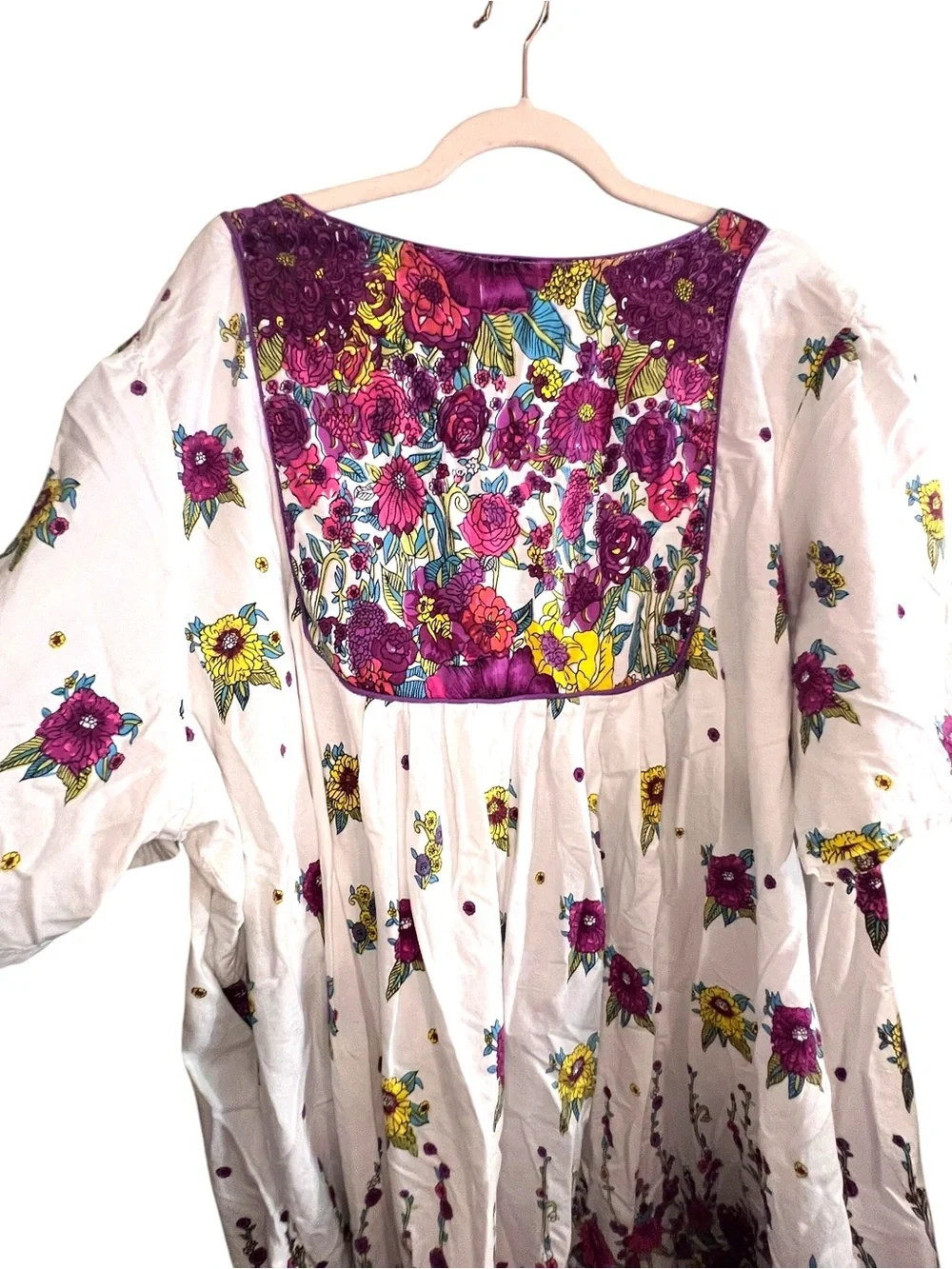 3X Floral Bib Maxi Dress White Purple Yellow Boho Prairie Cottagecore Housecoat